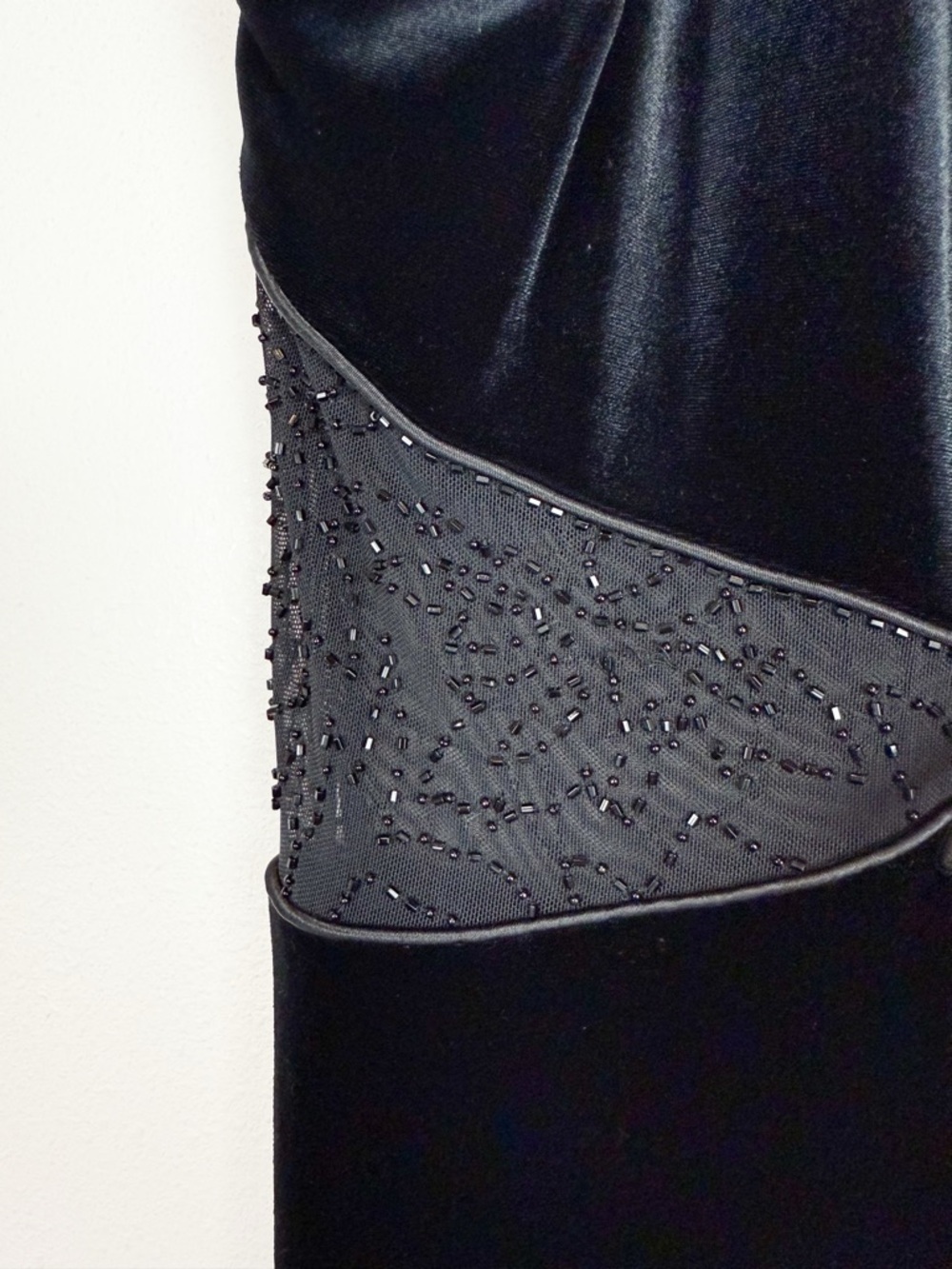 Vintage 90s Black Velvet High Neck Mesh Cutout Beaded Gown Full Length Dress - Picture 5 of 12